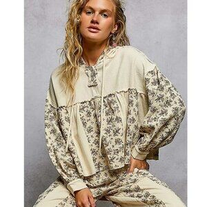 POL - Vintage Washing Double Gauze Floral Printed Hoodie Top S-L